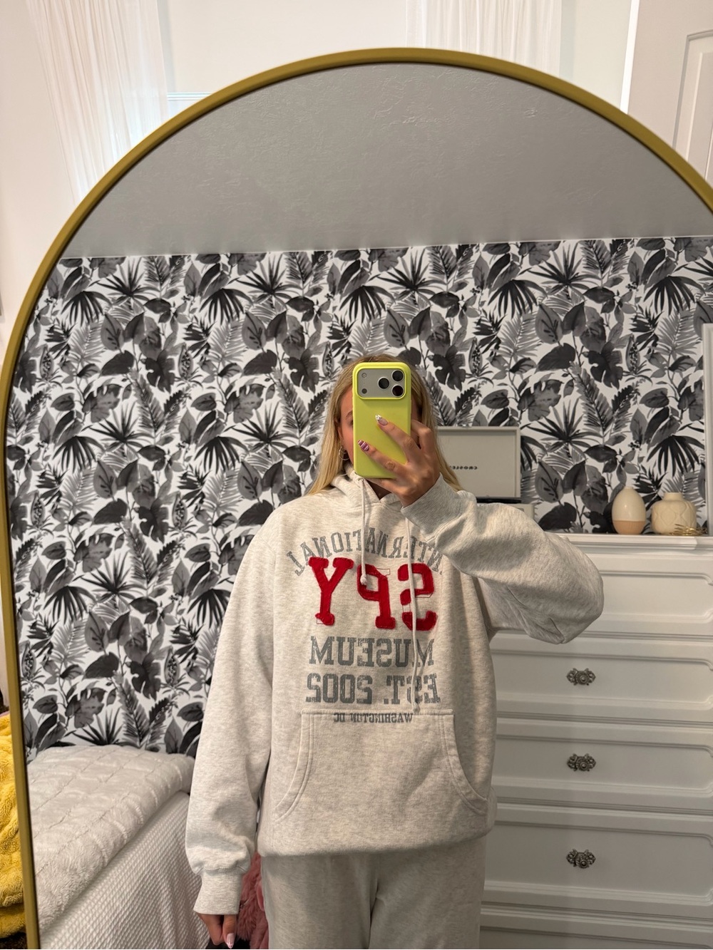 Storm Gray Hoodie with Red Lettering